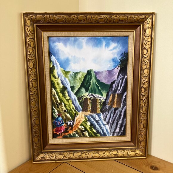 Hand Crafted Other - Machu Picchu Original Watercolor Framed Painting Peru Folk Art Rafael Mendez '18